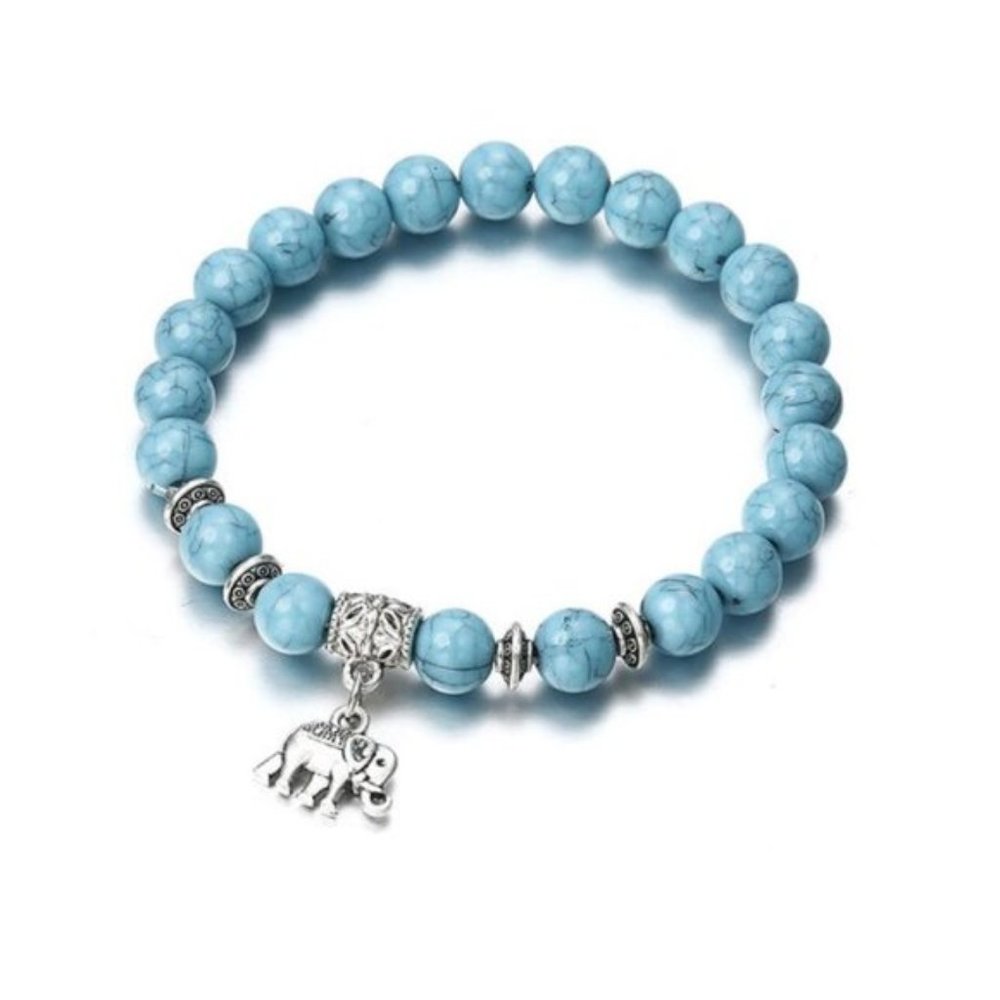 Elephant Charm Beaded Stretch Bracelet - Blue